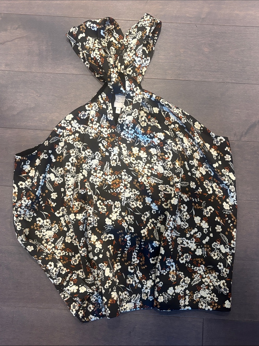 Cinq a’ Sept black satin finish white floral sleeveless top halter